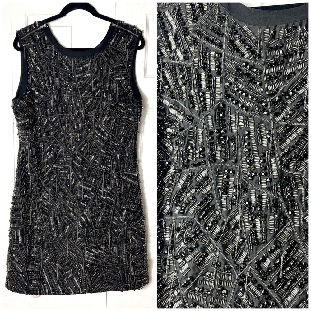 Topshop Boutique Black & Silver Beaded Chain Cocktail Mini Dress Size 12